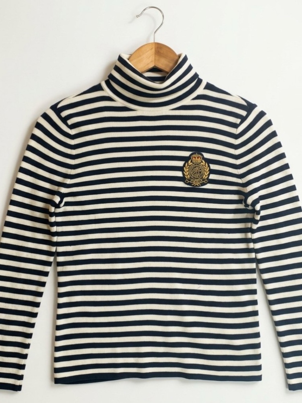 Ralph Lauren Black and Cream Striped Turtleneck with Crest Patch